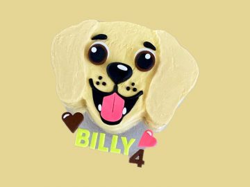 Cake shaped like a happy yellow Labrador dog with creamy big eyes and tongue out.