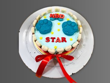 Blue birthday cake with two large paw prints and red ribbon around the base.