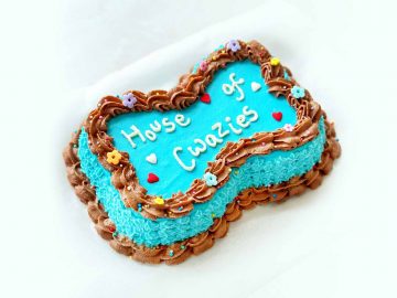 Bone-shaped dog cake in blue and brown icing, decorated with colorful floral piping and sprinkles.
