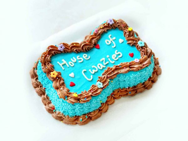 Bone-shaped dog cake in blue and brown icing, decorated with colorful floral piping and sprinkles.