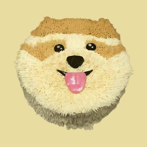 Dog face cake with light cream and brown fur texture and a big smiling expression.
