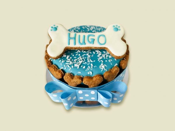 A small round dog cake with a blue frosted top, decorated with shredded coconut and a polka-dot ribbon around the base.