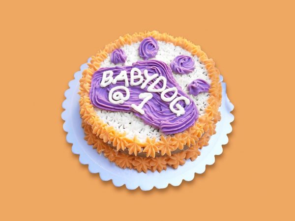 Double-layer orange and white paw cake with purple icing.