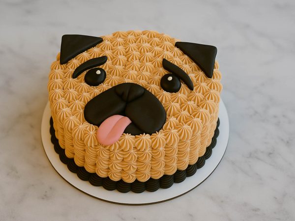 Adorable pug face dog cake with tongue out, decorated in cream and black frosting on a white base.