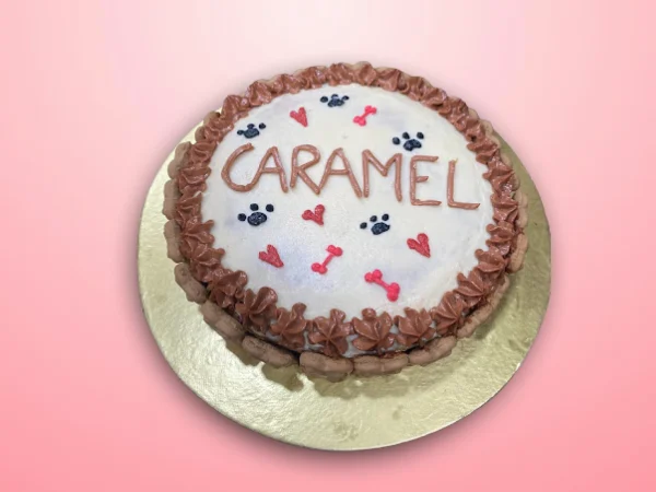 A round white frosted dog cake with a pink cream border, decorated with small paw prints and heart-shaped accents.