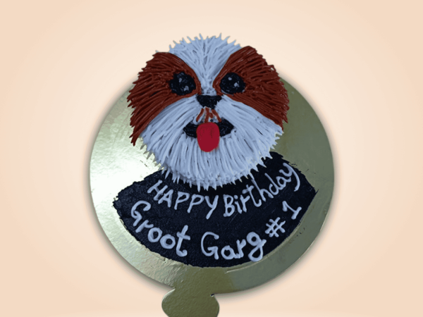 Realistic dog face cake design as a Shih Tzu with detailed fur piping and red tongue