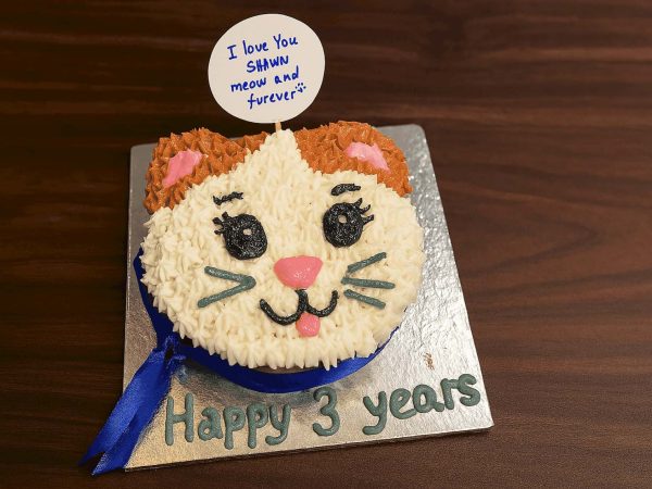 Cat-face shaped birthday cake with blue ribbon