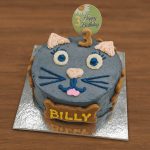 Cat-shaped birthday cake with name Billy and number 3 topper