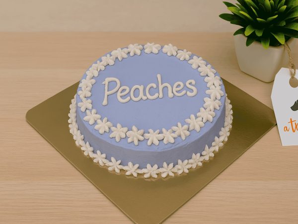 Purple cat-friendly cake with white floral border