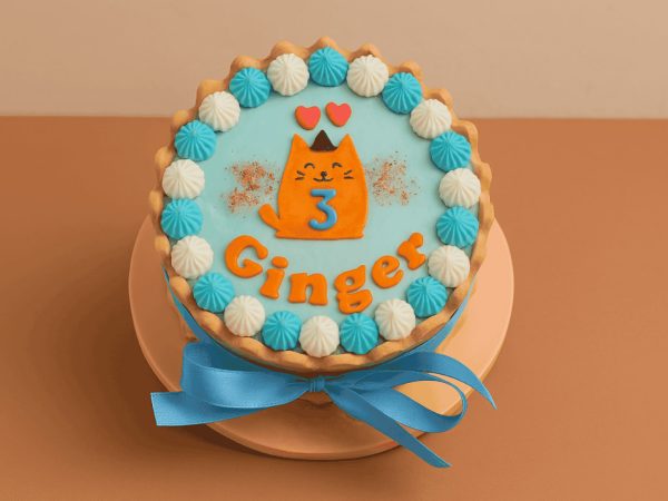 Cat birthday cake with “Ginger” and number 3 topper