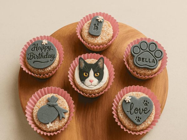 Cat-themed birthday cupcakes with paw, cat face, and love toppers